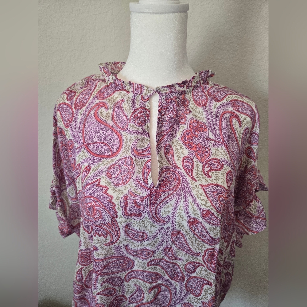 J. Jill Pink and Cream Paisley Ruffle Sleeve Blouse